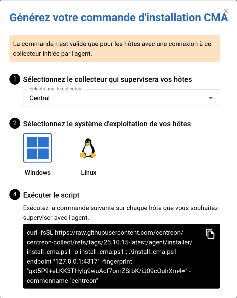 Générateur de commande d'installation CMA dans l'interface Centreon